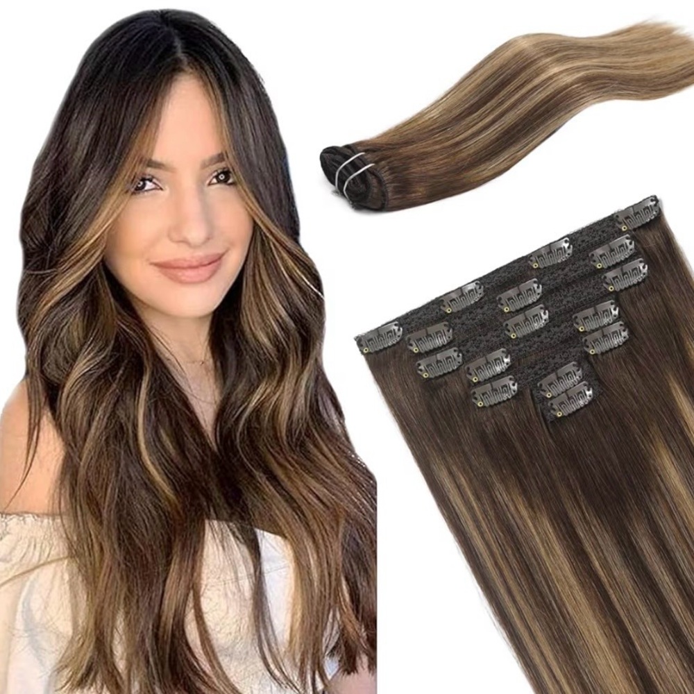 WENNALIFE Lace Clip-In Human Hair Extensions Brown & Caramel Blonde Highlights